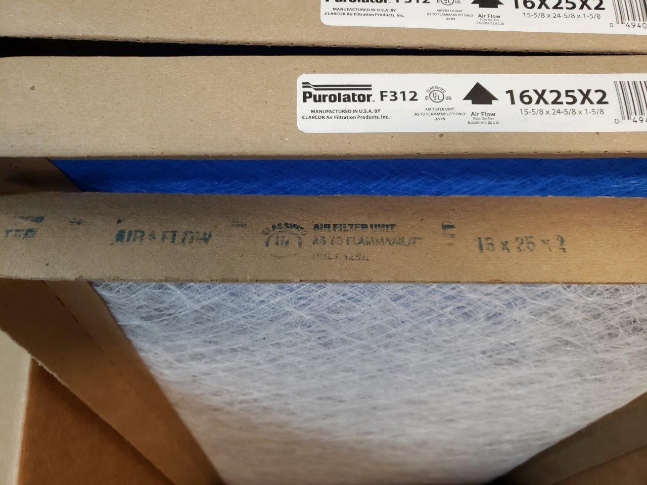 16x25x2 Furnace Air Filters (box of 9) Purolator F312 Std2 Fiberglass Disposable Panel 16W x 25H x 2D