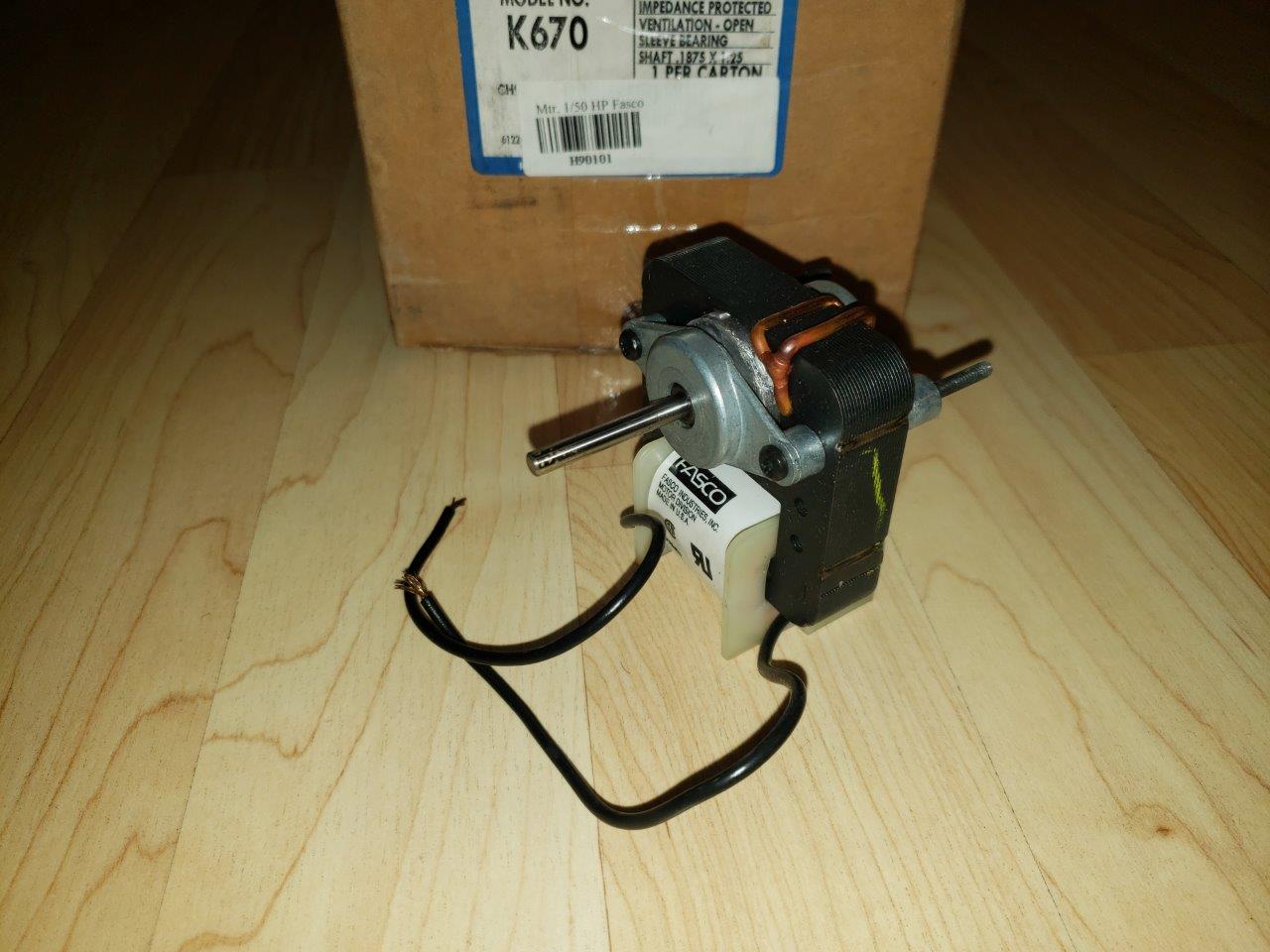 1/150 HP, 120 Volts, 3000 RPM, Fasco K670 C-Frame Motor, 1 Speed, 0.61 Amps, For Vent Fan OAO Enclosure, CCWSE Rotation, Sleeve Bearing 