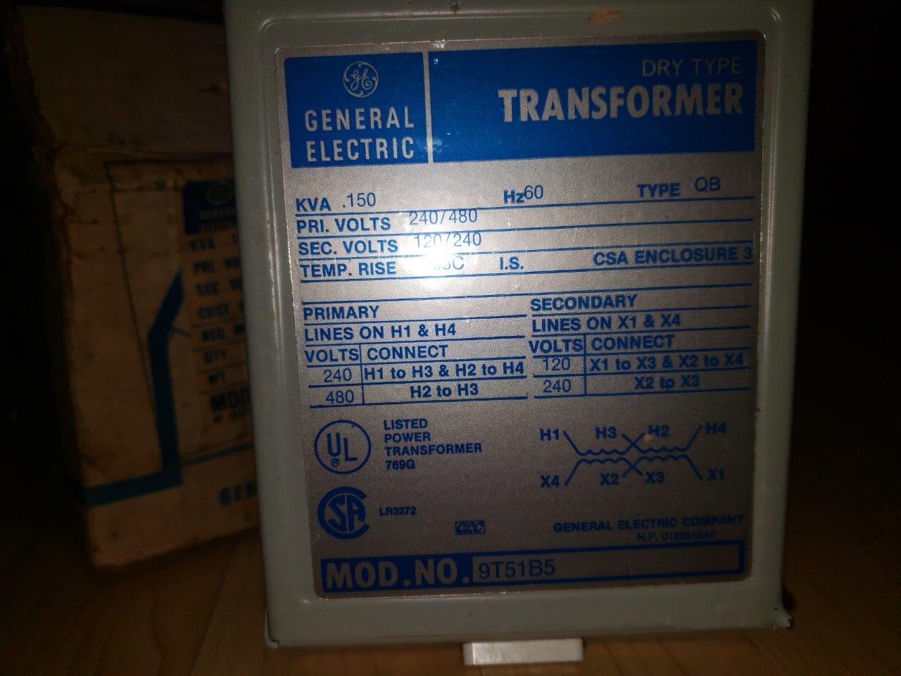 GE dry type Power / Control Transformer 150VA Single Phase 480/240 to 240/120 9T51B5