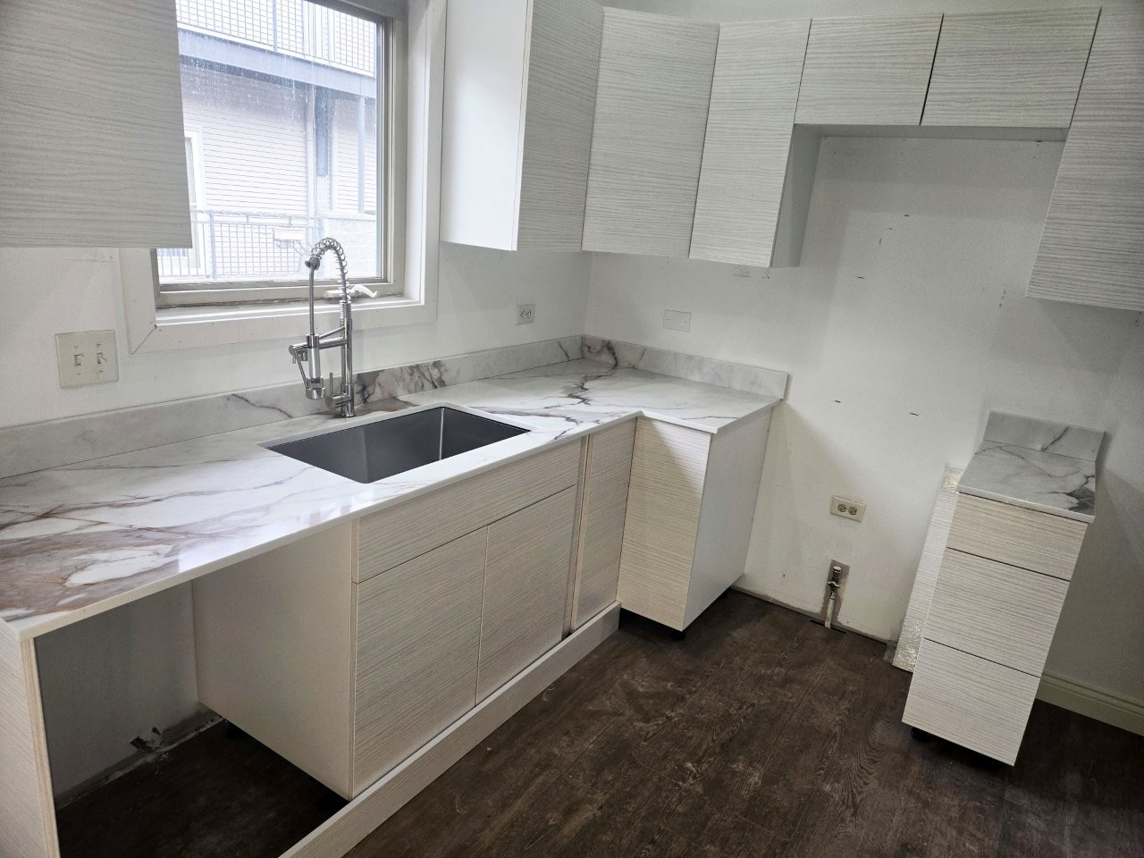 New White Kitchen Cabinet Set with Quartz Countertops, Sink and Faucet - U-Shape / L-Shape Layout