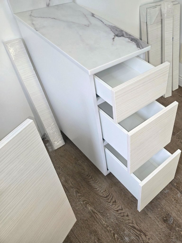 New White Kitchen Cabinet Set with Quartz Countertops, Sink and Faucet - U-Shape / L-Shape Layout