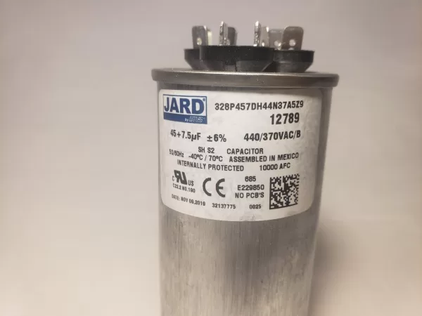 45 + 7.5 MFD x 370 or 440 VAC Motor Dual Run Capacitor Round JARD 12789