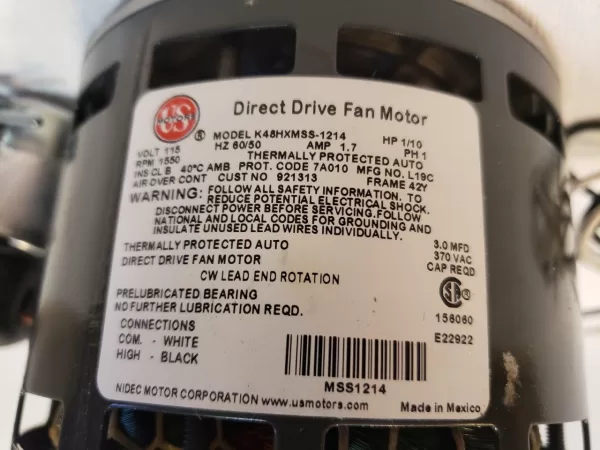 1550 RPM 1/10 HP CCWSE K48HXMSS-1214 ACME Motor fan exchaust US Motors OEM 23TF89 Fasco direct drive motor replacement