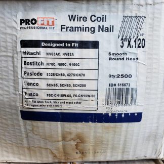 3 in x 0.120 in Pro-FIT 616673 Framing Nails Smooth Shank 15 Degree Coil Collated Nail (Pack Of 2500) Construction gun