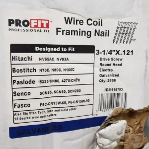 3-1/4 in x 0.121 in Pro-FIT 616793 Framing Nails Screw Shank 15 Degree Coil Collated Nail (Pack Of 2500) Construction