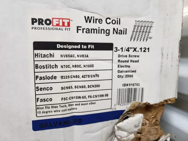 3-1/4 in x 0.121 in Pro-FIT 616793 Framing Nails Screw Shank 15 Degree Coil Collated Nail (Pack Of 2500) Construction