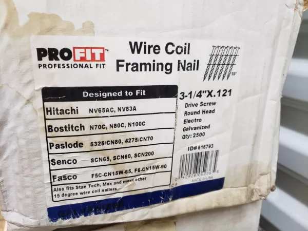 3-1/4 in x 0.121 in Pro-FIT 616793 Framing Nails Screw Shank 15 Degree Coil Collated Nail (Pack Of 2500) Construction