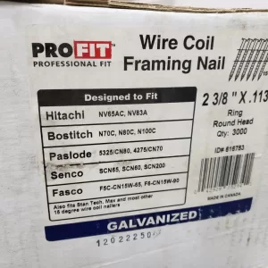 2-3/8 in x 0.113 in Pro-FIT 0616753 Framing Nails Smooth Shank 15 Degree Coil Collated Nail (Pack Of 3000) Construction gun