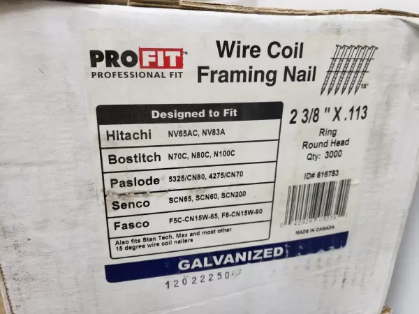 2-3/8 in x 0.113 in Pro-FIT 0616753 Framing Nails Smooth Shank 15 Degree Coil Collated Nail (Pack Of 3000) Construction gun