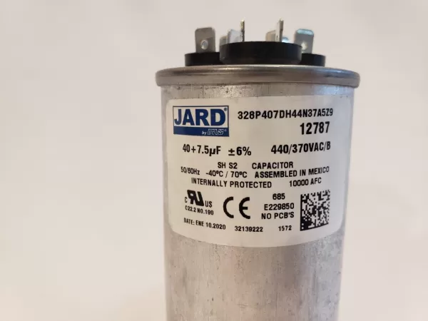 40 + 7.5 MFD x 370 or 440 VAC Round Motor Dual Run Capacitor JARD 12787