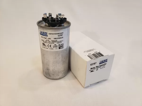 40 + 7.5 MFD x 370 or 440 VAC Round Motor Dual Run Capacitor JARD 12787