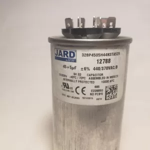 45 + 5 MFD x 370 or 440 VAC Round Motor Dual Run Capacitor JARD 12788 50/60Hz -40°C to 70°C