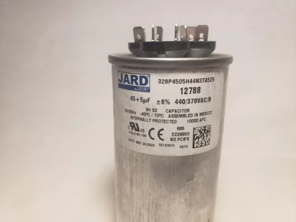 45 + 5 MFD x 370 or 440 VAC Round Motor Dual Run Capacitor JARD 12788 50/60Hz -40°C to 70°C