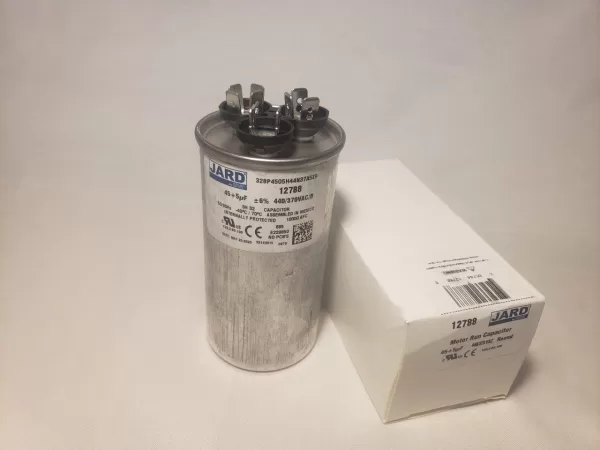 45 + 5 MFD x 370 or 440 VAC Round Motor Dual Run Capacitor JARD 12788 50/60Hz -40°C to 70°C