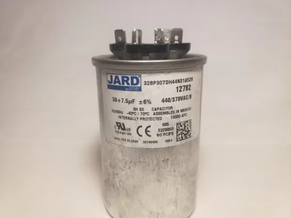 30 + 7.5 MFD x 370 / 440 VAC Round Motor Dual Run Capacitor JARD 12782