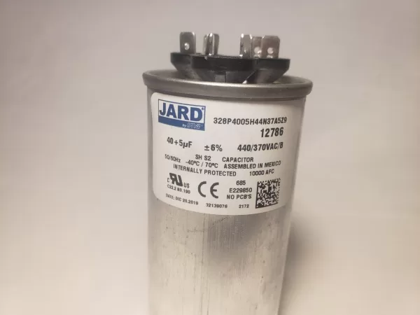 40 + 5 MFD x 370 or 440 VAC Round Motor Dual Run Capacitor JARD 12786 50/60Hz -40°C to 70°C (Copy)