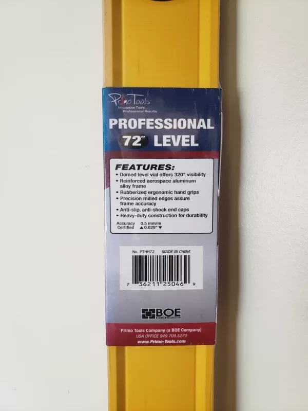 Primo Tools Professional 72" Heavy Duty Level w/Hand Holes PTHH72 Waserwaga