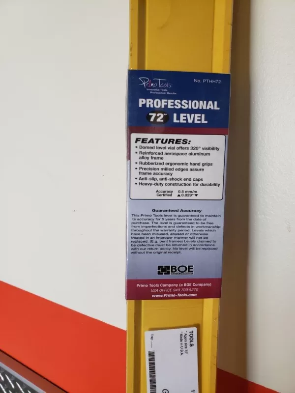 Primo Tools Professional 72" Heavy Duty Level w/Hand Holes PTHH72 Waserwaga