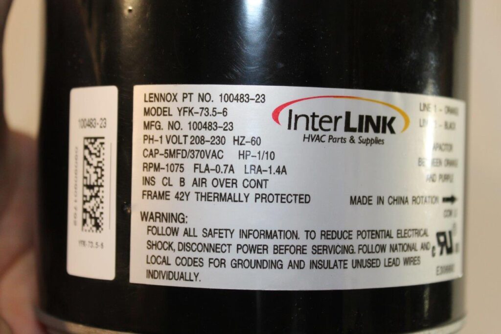 InterLink Lennox Motor 1/10 208230/60/1 47W86 HP FAN MOTOR YFK73.56