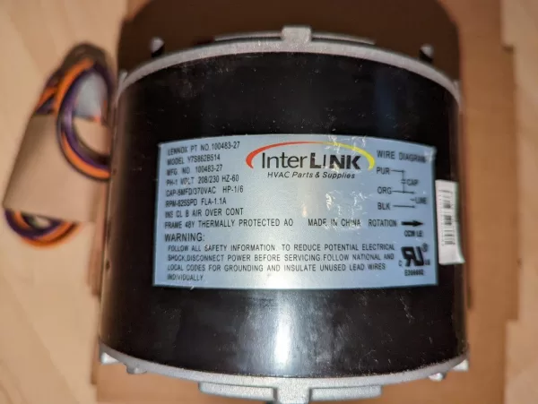 Interlink Lennox PT No 100483-27 Y7S862B514 Fan Motor 825 RPM 1/6 HP 208/230 VAC 60 Hz 1-Phase