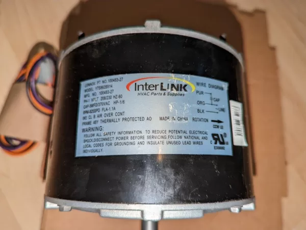 Interlink Lennox PT No 100483-27 Y7S862B514 Fan Motor 825 RPM 1/6 HP 208/230 VAC 60 Hz 1-Phase