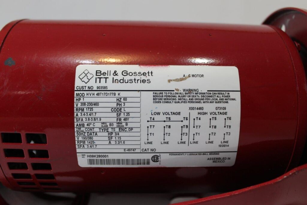 169233 Bell & Gossett 903585 Motor 1HP 1725RPM 208230/460v 3Ph ODP