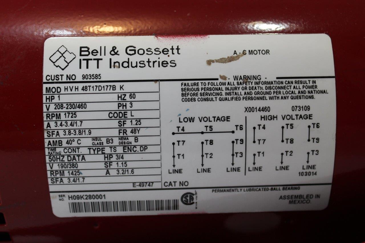 169233 Bell & Gossett 903585 Motor 1HP 1725RPM 208230/460v 3Ph ODP