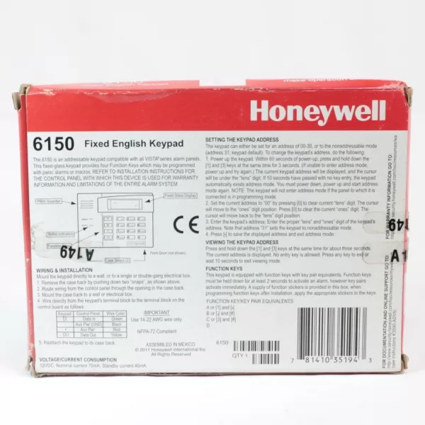 Honeywell Ademco 6150 Fixed English Display Keypad