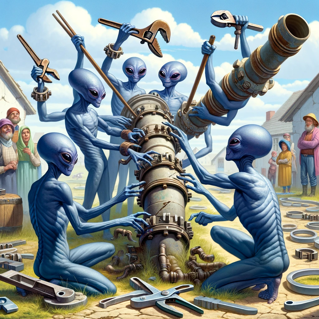 The Plumberian Aliens at Work: This image shows the eight-armed Plumberian aliens busily working on the pipe, adding more clamps with a sense of pride and concentration. The villagers watch from a distance, a picture of curiosity and bewilderment.