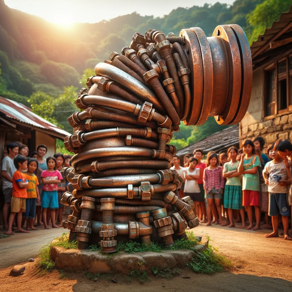 The Quaint Village Scene: This illustration captures the small village with the infamous water pipe elbow, excessively wrapped in worm gear clamps. The villagers look on in a mix of awe and confusion.