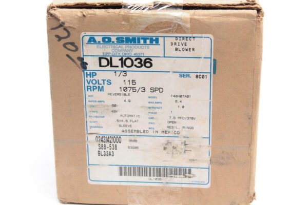 A.O. Smith/Century DL1036, MOD F48H07A01, 1/3 HP, 1075 RPM, 3 Speed, 115 Volts, 4.9 Amps, 48 Frame, Sleeve Bearing Direct Drive Blower Motor