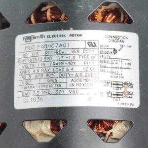 A.O. Smith/Century DL1036, MOD F48H07A01, 1/3 HP, 1075 RPM, 3 Speed, 115 Volts, 4.9 Amps, 48 Frame, Sleeve Bearing Direct Drive Blower Motor