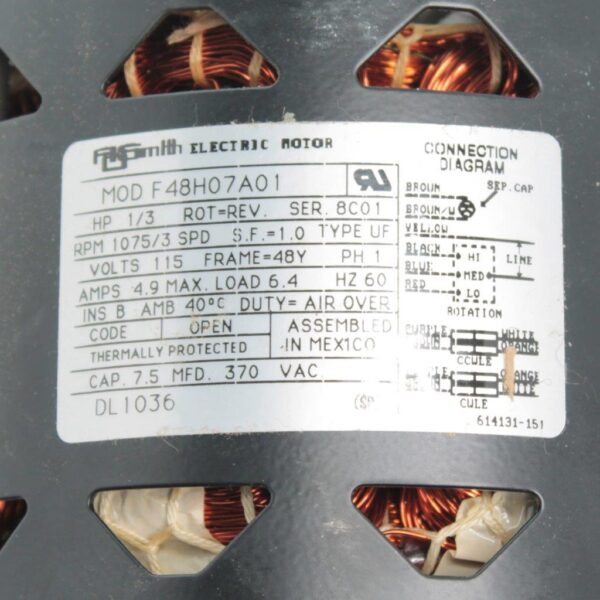 A.O. Smith/Century DL1036, MOD F48H07A01, 1/3 HP, 1075 RPM, 3 Speed, 115 Volts, 4.9 Amps, 48 Frame, Sleeve Bearing Direct Drive Blower Motor