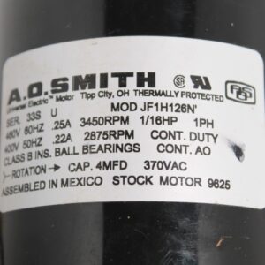A.O. Smith/Century JF1H126N Motor 9625 1/16 HP 3450 RPM 460-Volt 0.25-Amp Ball Bearing Blower Motor