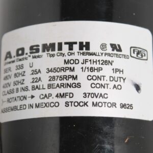 A.O. Smith/Century JF1H126N Motor 9625 1/16 HP 3450 RPM 460-Volt 0.25-Amp Ball Bearing Blower Motor