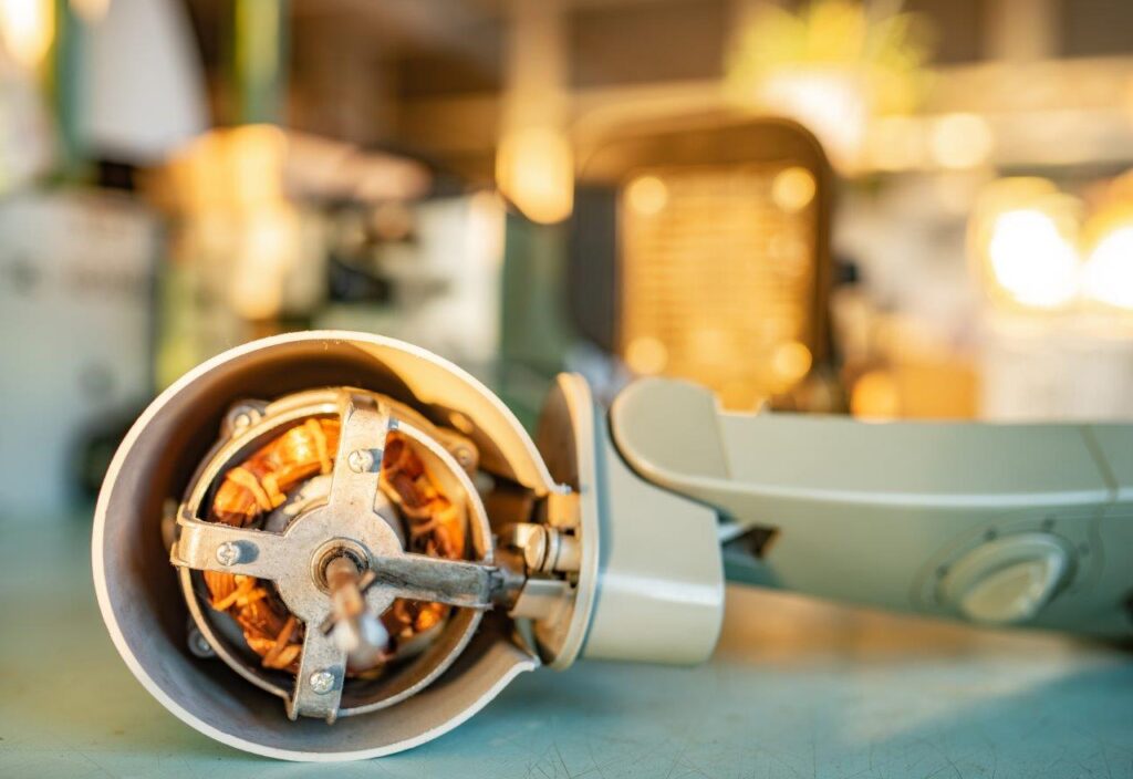 Close-up of iron motor from home cooling fan lies on a table