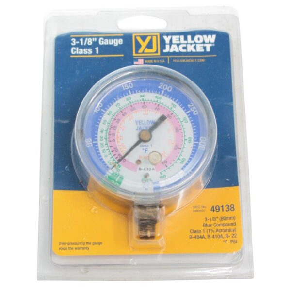 Yellow Jacket 49138 Pressure Gauge – 3-1/8" Dial, Blue, Class 1 Low-Side Gauge, 0–250 PSI with -30 inHg Vacuum Scale for HVAC/R Systems