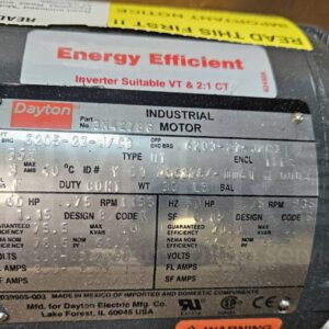 Name plate for DAYTON 3N427B6 General Purpose Industrial Motor, 3-Phase, 3/4 HP, 208-230/460V AC, 1155 RPM, TEFC, 56H Frame