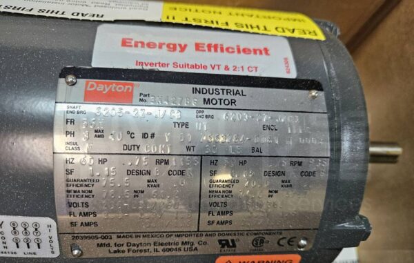 Name plate for DAYTON 3N427B6 General Purpose Industrial Motor, 3-Phase, 3/4 HP, 208-230/460V AC, 1155 RPM, TEFC, 56H Frame