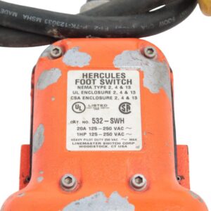 Linemaster Hercules 532-SWH Heavy Duty Foot Switch, Cast Iron, DPDT, Shielded, 20A 125-250VAC
