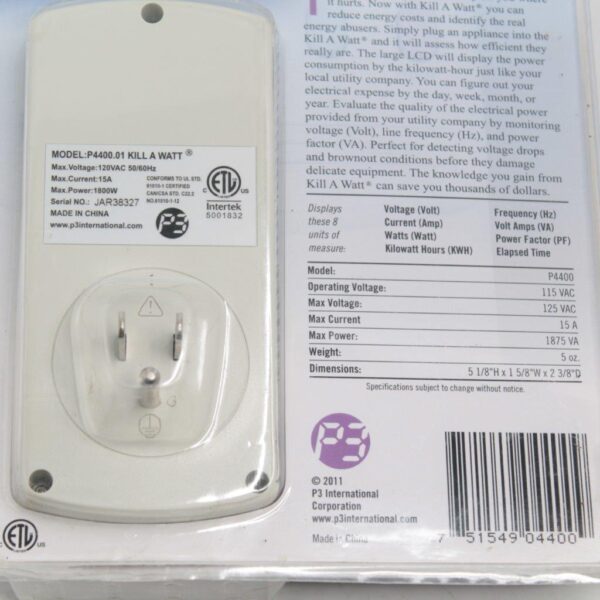 P3 International KILL A WATT Model P4400.01 Electricity Usage Monitor – Energy Consumption Analyzer