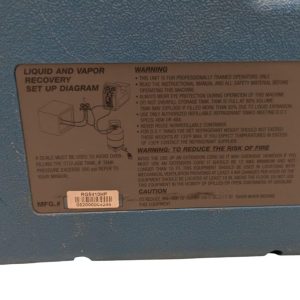 Label: liquid and vapor recovery setup diagram with warnings on a blue device; includes schematic and safety text for operating the recovery unit.