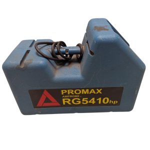 Blue industrial device with a black coiled cord on top, labeled PROMAX RG5410hp, used for heavy equipment testing or power applications.