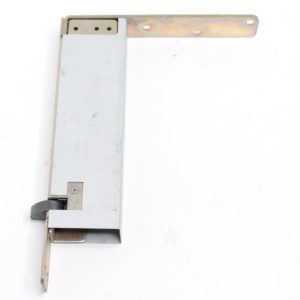 Metal latch/lock mechanism with a long mounting bar and a curved lever, photographed on a white background, side view.