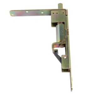 Industrial door latch hardware: a metal mortise latch with a mounting strap and lever