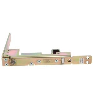 Metal mortise door latch/bolt mechanism with strike plate and screws, shown from side view