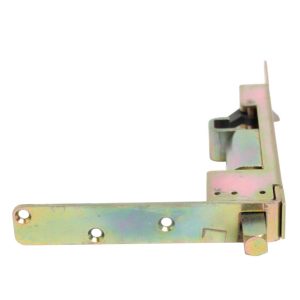Metal latch/hinge bracket with iridescent coating, used to secure a door or panel