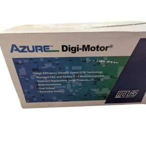 Azure Digi-Motor product box with blue-teal pixel design and logo, listing features like high-efficiency variable speed ECM technology and surge protection.