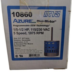 Box label for a MARS AZURE Digi-Motor: model 10860, 1/5-1/2 HP, 115/230 VAC, 5 speeds up to 1075 RPM, programmable ECM technology (reversible rotation).