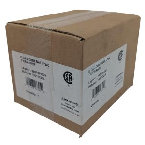 Brown corrugated shipping box with white label panels showing barcodes and safety marks on two sides, sealed with clear tape.
